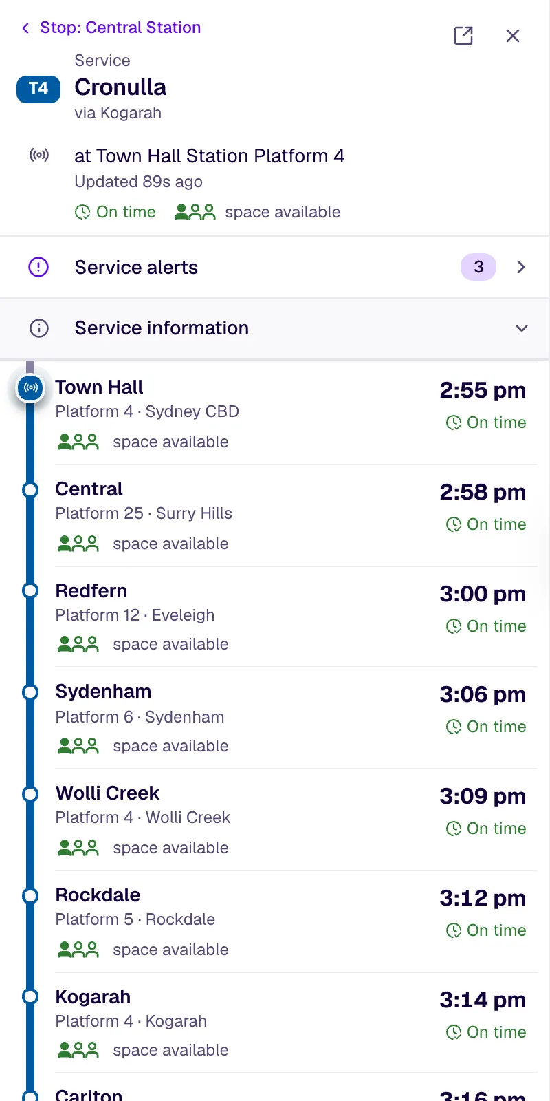 AnyTrip’s selected vehicle detail for a T4 service to Cronulla via Kogarah, at Town Hall Station platform 4 and running on time. A timetable lists the upcoming stops from Town Hall through Central, Redfern and Wolli Creek to Kogarah with platforms, departure times, on-time status and space available.