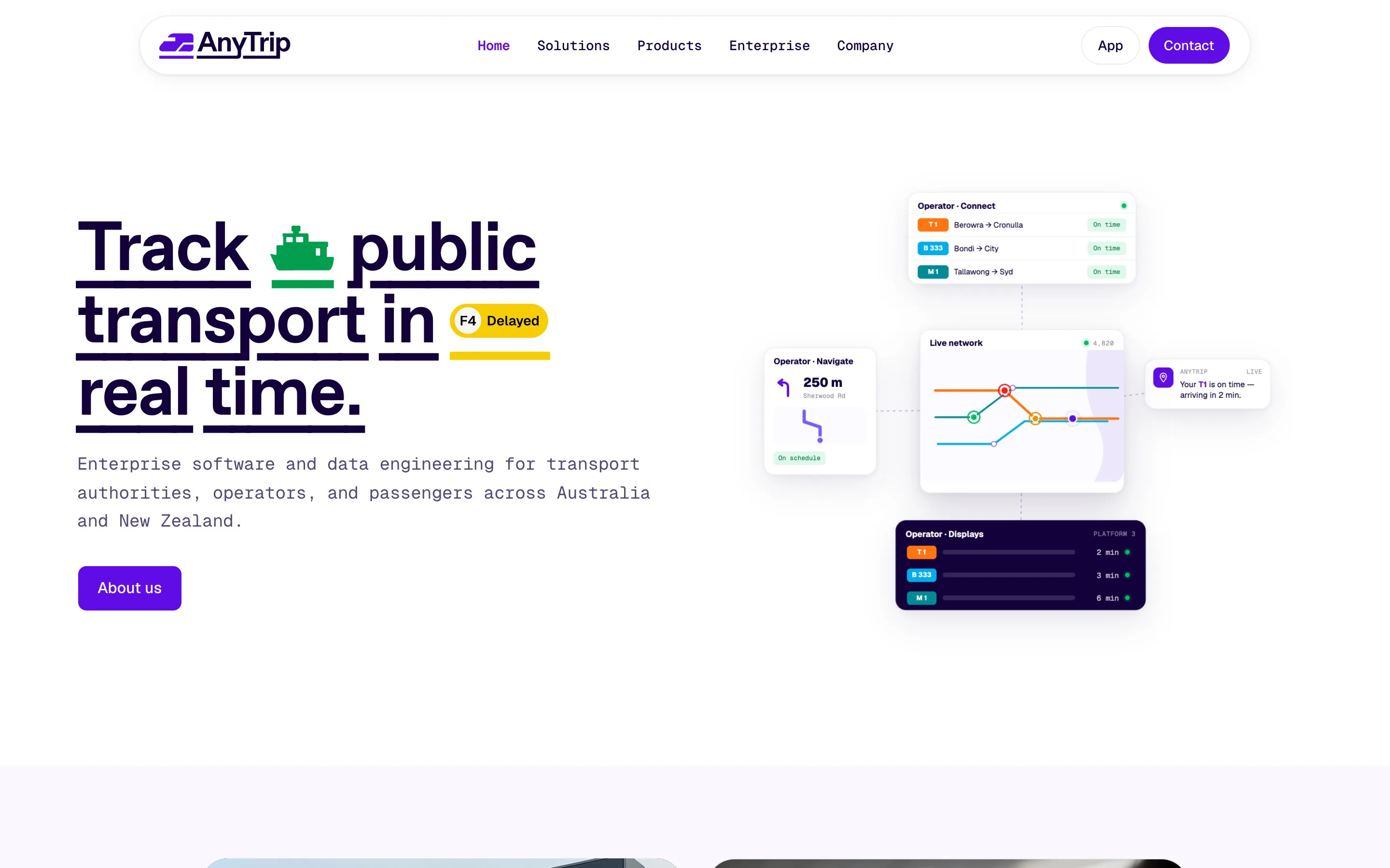 The AnyTrip website home page, headed “Track public transport in real time.” over a line about enterprise software and data engineering for transport authorities, operators and passengers across Australia and New Zealand. Beside it, product cards show operator connect, navigate and display tools around a live network diagram.