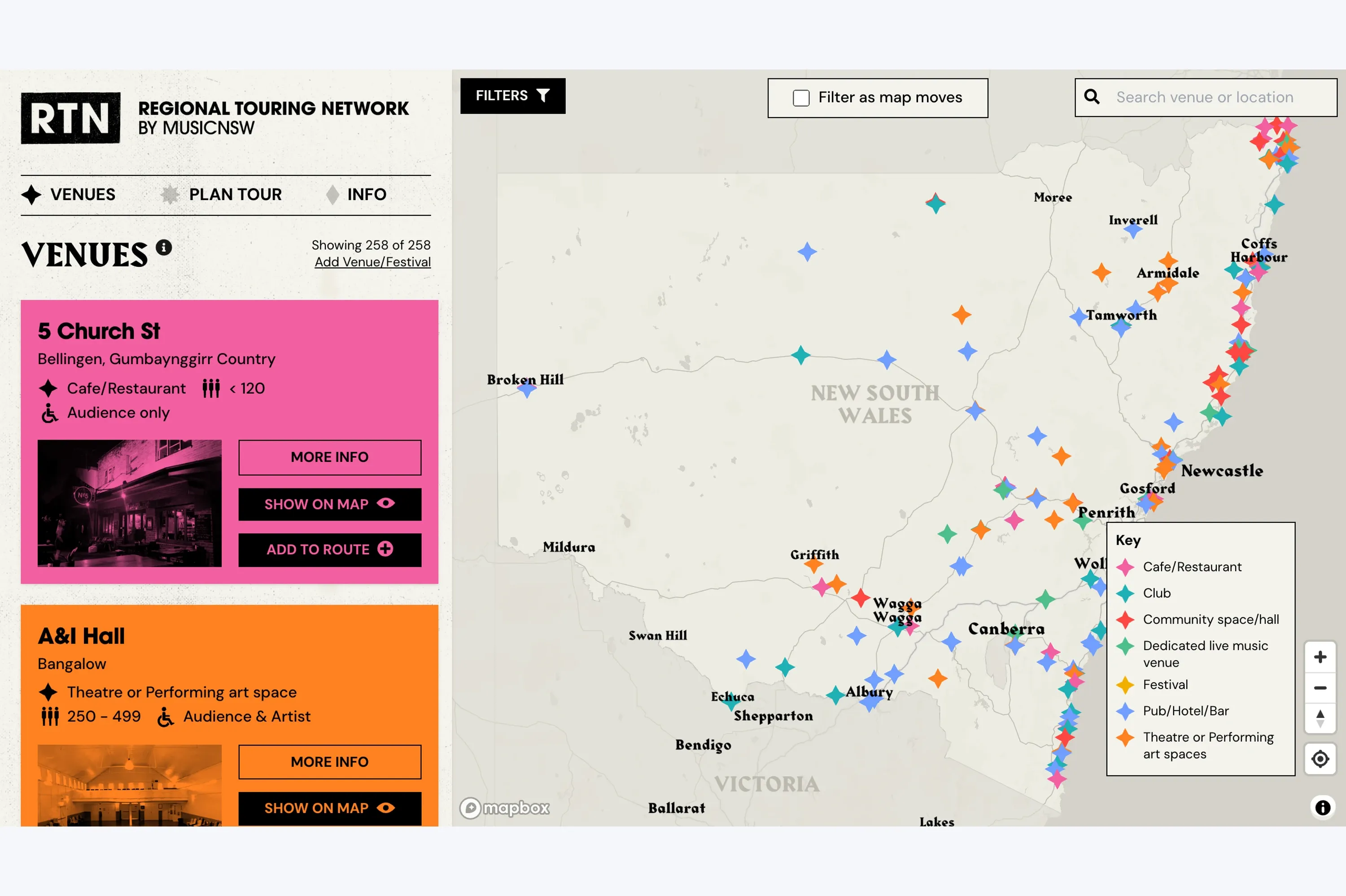 The Regional Touring Network by MusicNSW, listing venues such as 5 Church St in Bellingen beside a map of New South Wales marked with venue types.