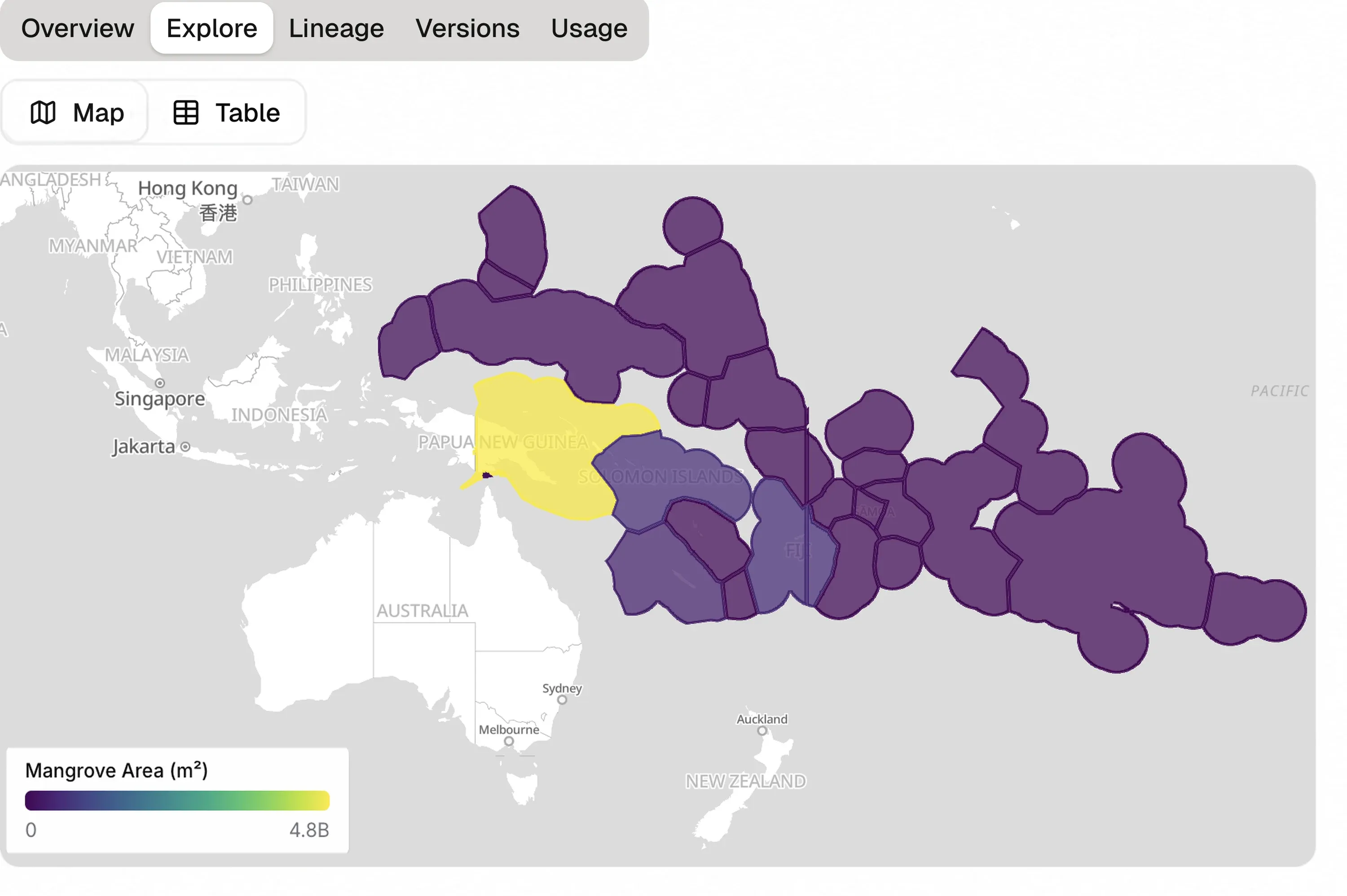 The Ocean Accounting platform's Explore view, mapping mangrove area across South-East Asia and the Pacific with a purple-to-yellow colour scale.