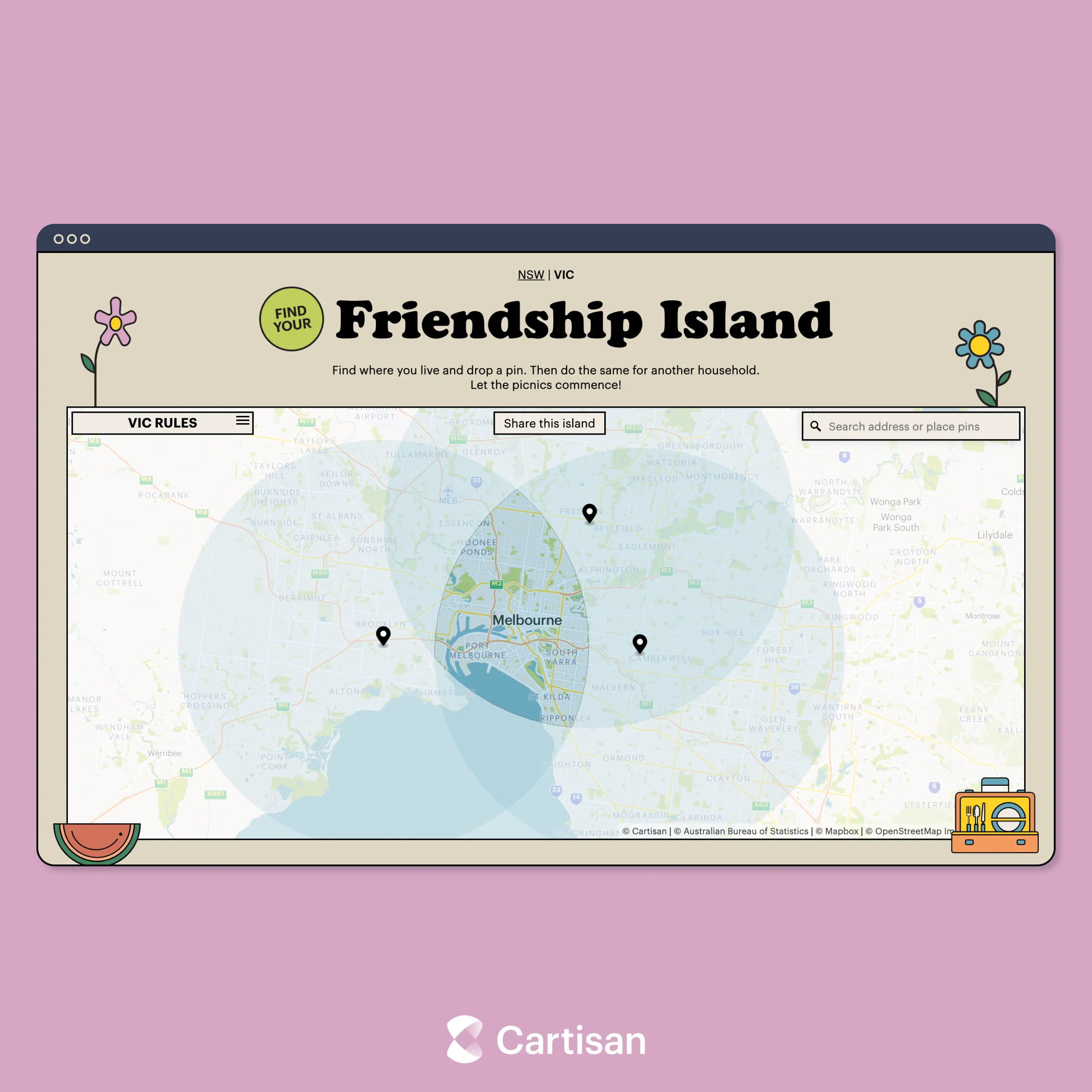 The Friendship Island website showing a colourful map with a radius drawn around a searched address
