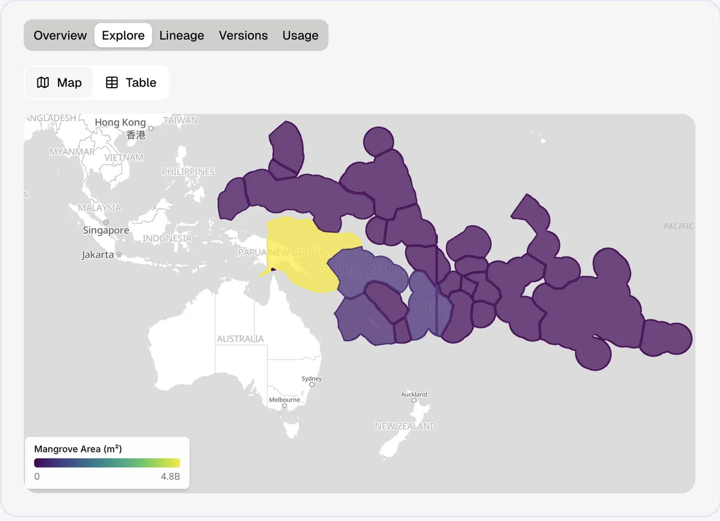 The Explore view mapping mangrove area across Pacific Exclusive Economic Zones.