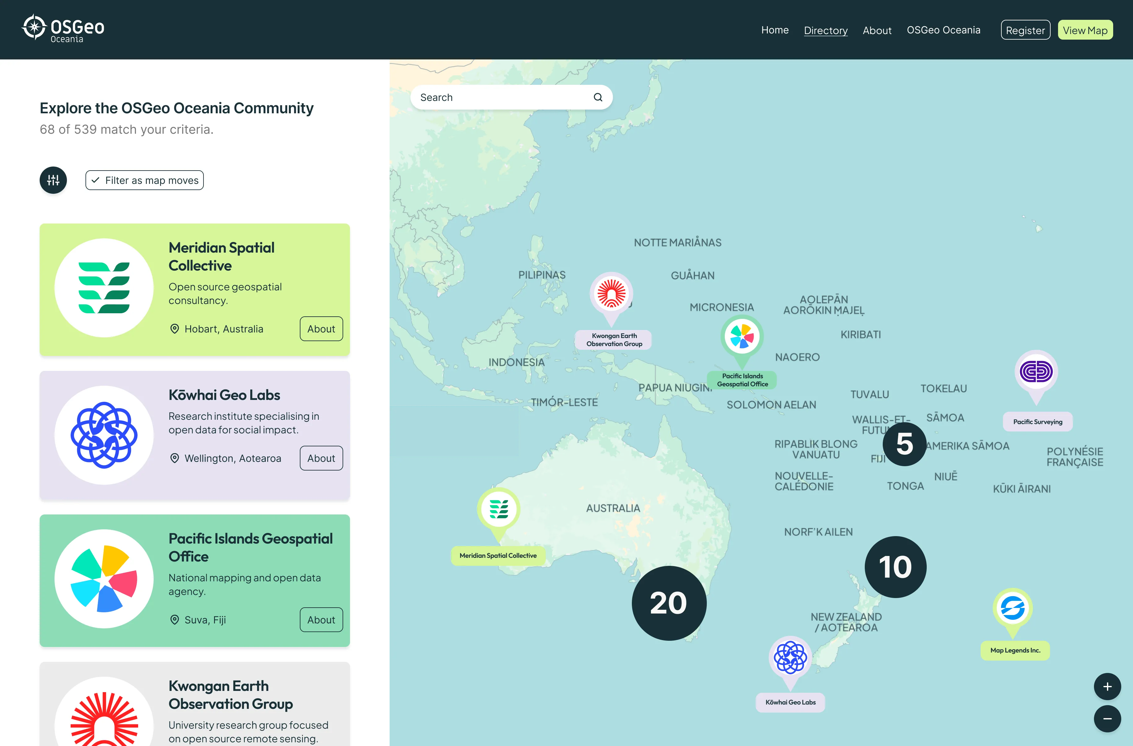The OSGeo Oceania capabilities map. A list headed “Explore the OSGeo Oceania Community”, showing 68 of 539 matches, holds organisation cards such as Meridian Spatial Collective in Hobart, Kōwhai Geo Labs in Wellington and the Pacific Islands Geospatial Office in Suva. Beside it, a map of the western Pacific shows organisation markers and numbered clusters across Australia, Aotearoa New Zealand and the Pacific Islands, with a search field and zoom controls.