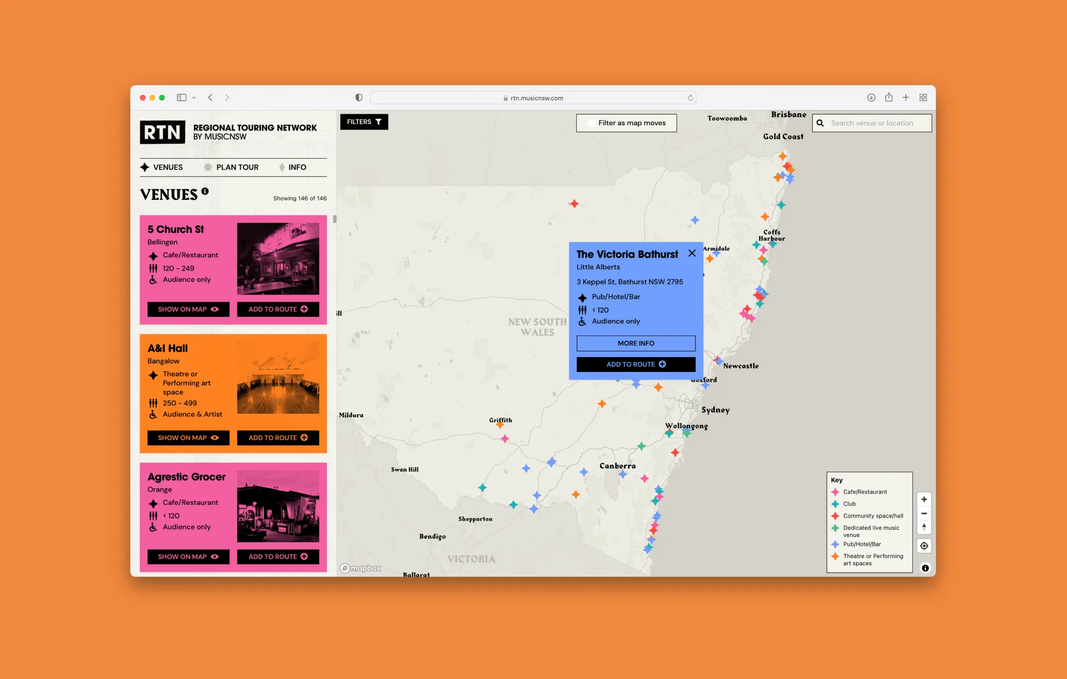 The Regional Touring Network application showing a map of NSW music venues with a tour-planning sidebar
