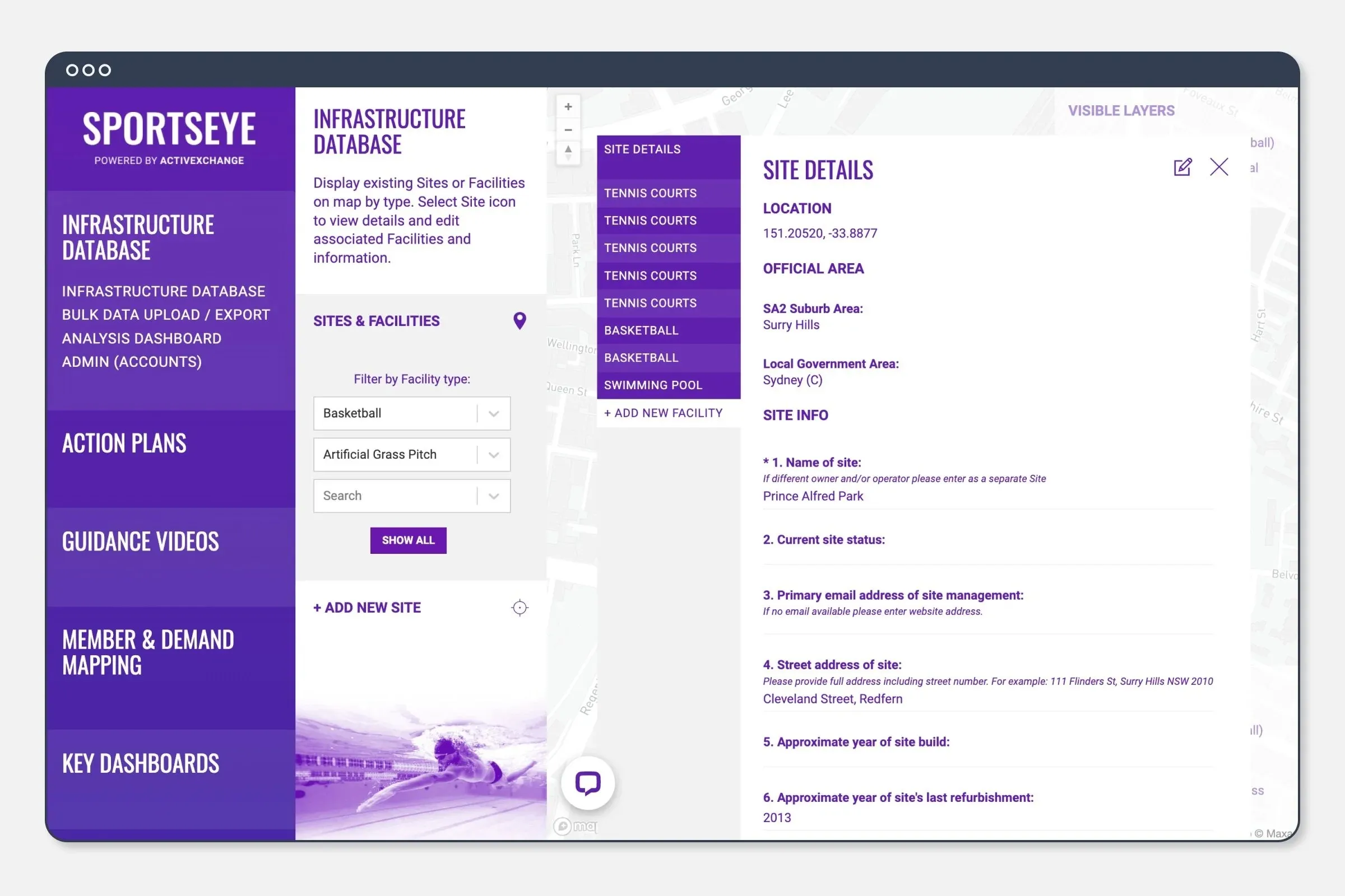 SportsEye facility view — mapping community sports facilities with catchment data