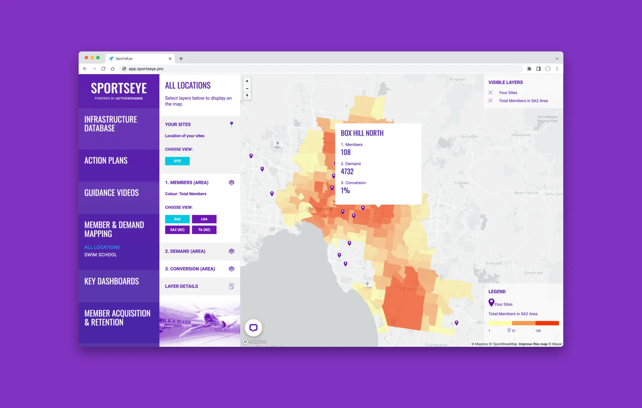 The SportsEye platform showing a map of community sports facilities with data panels and insights alongside